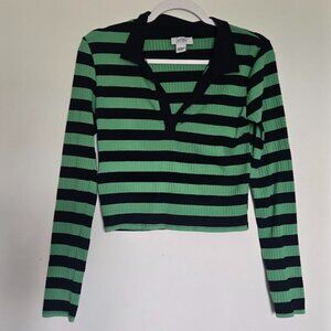 Green and Navy Striped Crop Top